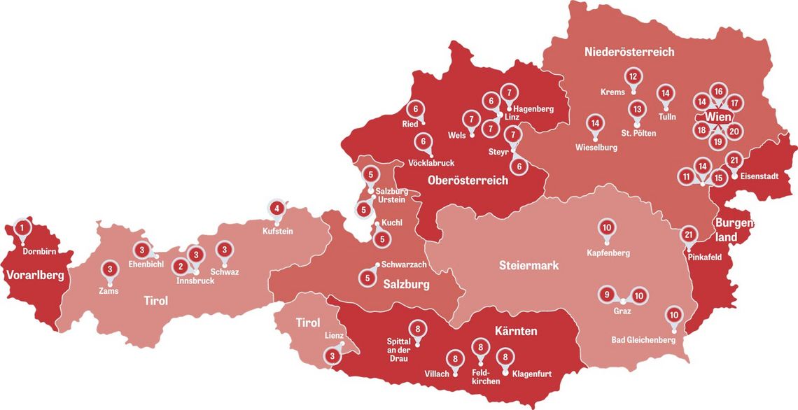 Österreichkarte mit Verteilung der FH´s