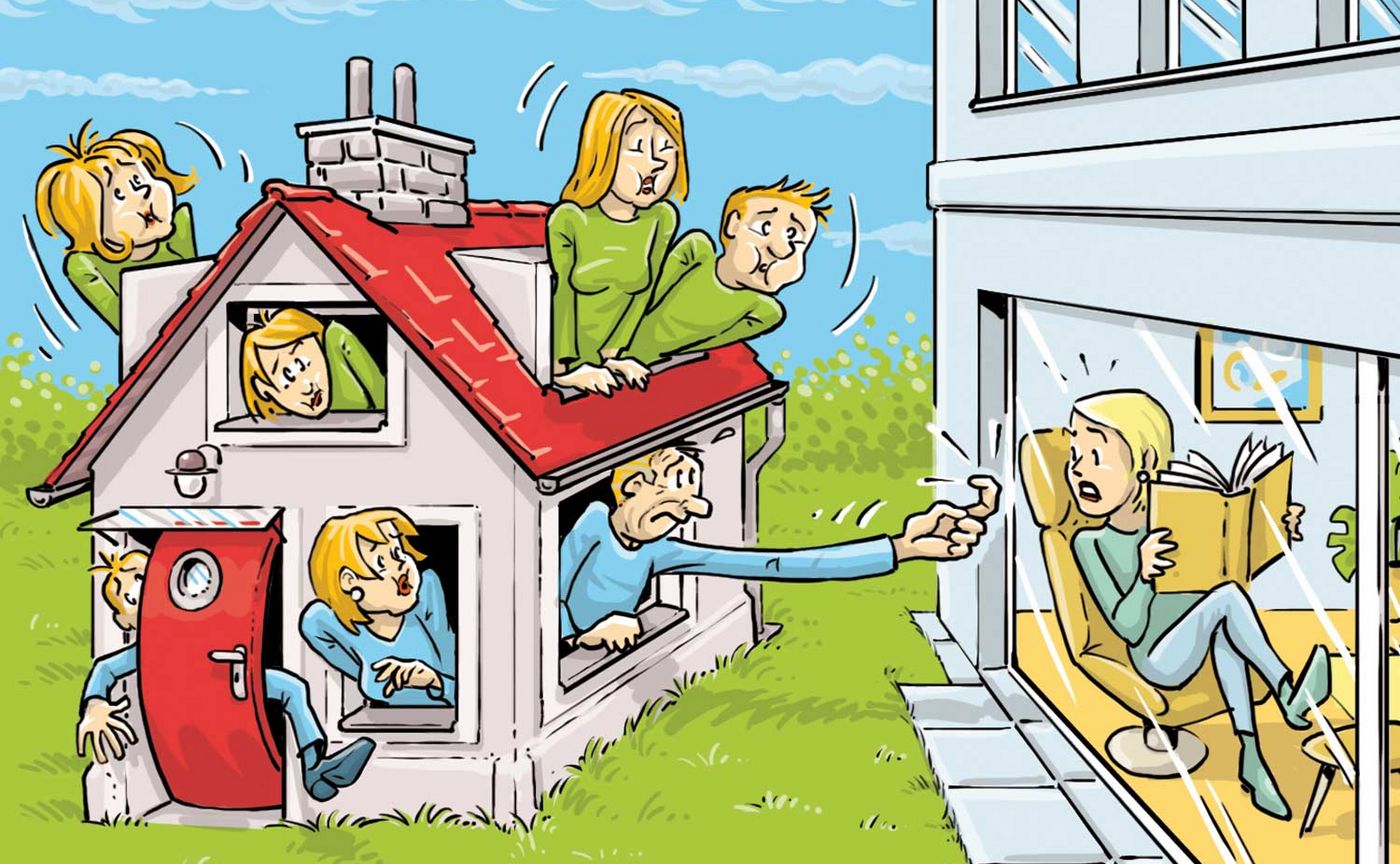 Illustration: Haus mit vielen Bewohnern neben einer Wohnung, in der eine Person ein Buch liest