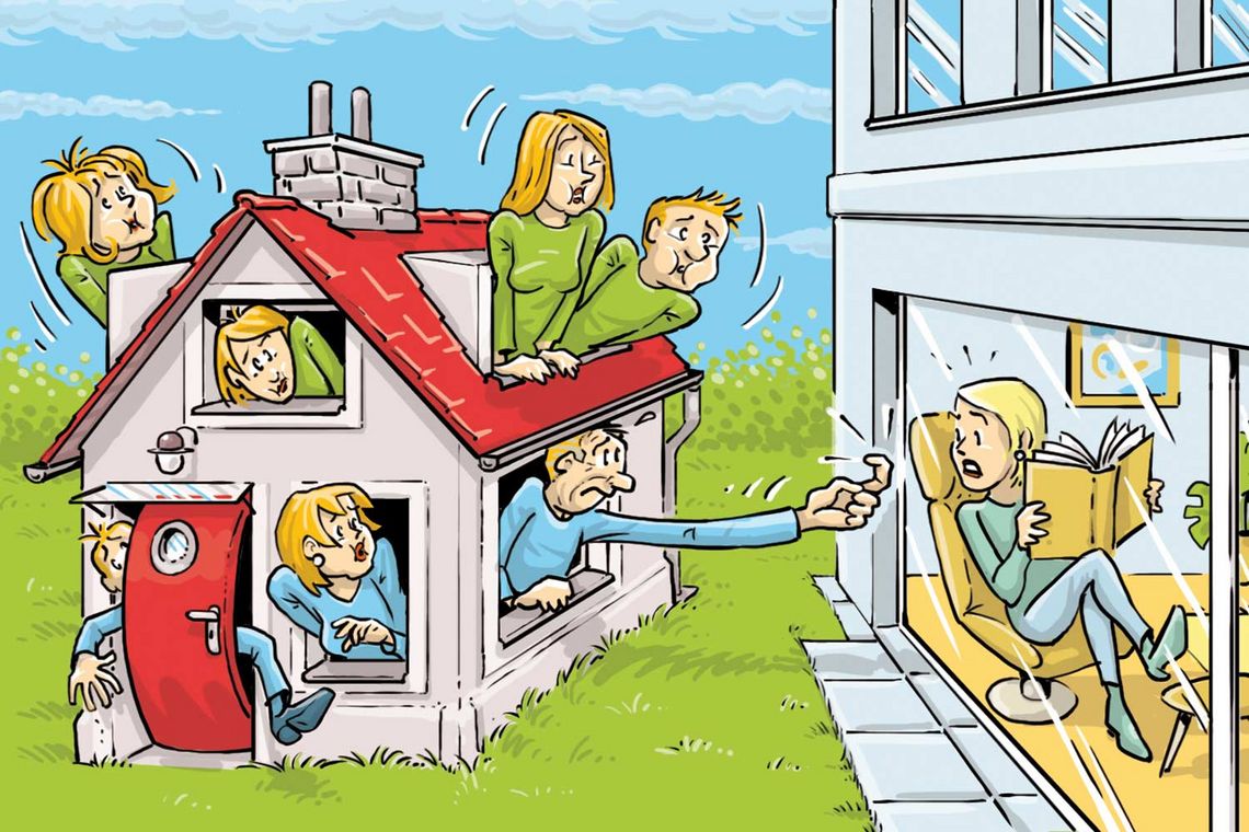 Illustration: Haus mit vielen Bewohnern neben einer Wohnung, in der eine Person ein Buch liest